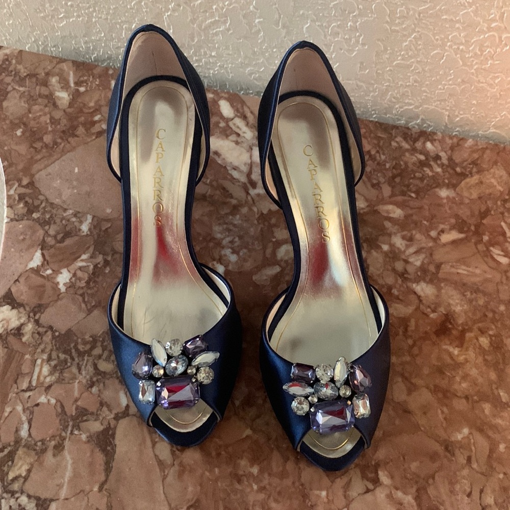 Jewled Peep Toe Satin Blue Pumps Sex and the City Inspired - Caparrros Size 7.5